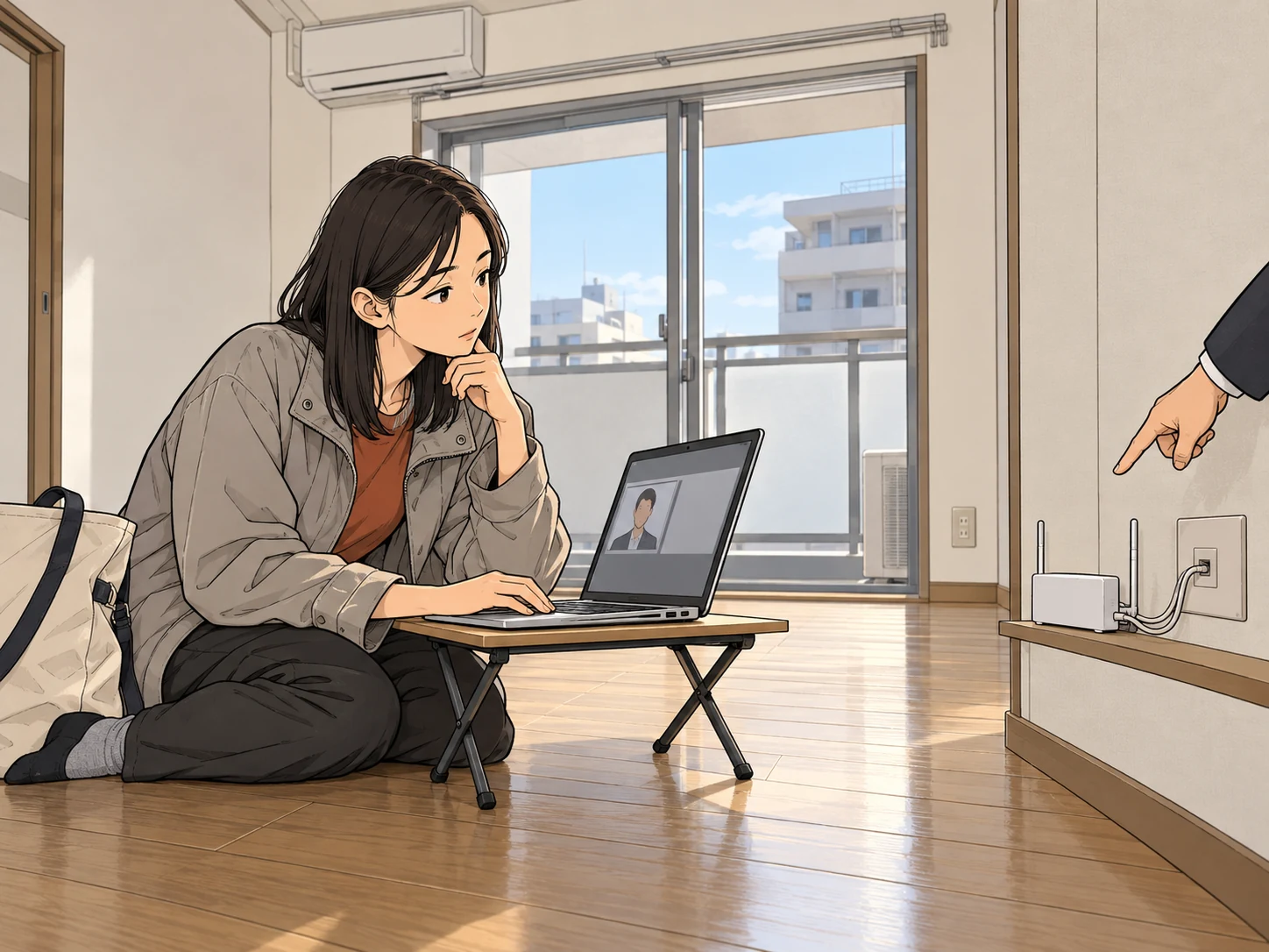 内見中の部屋でノートパソコンを開き、壁の通信口とルーターの位置を確認する人
