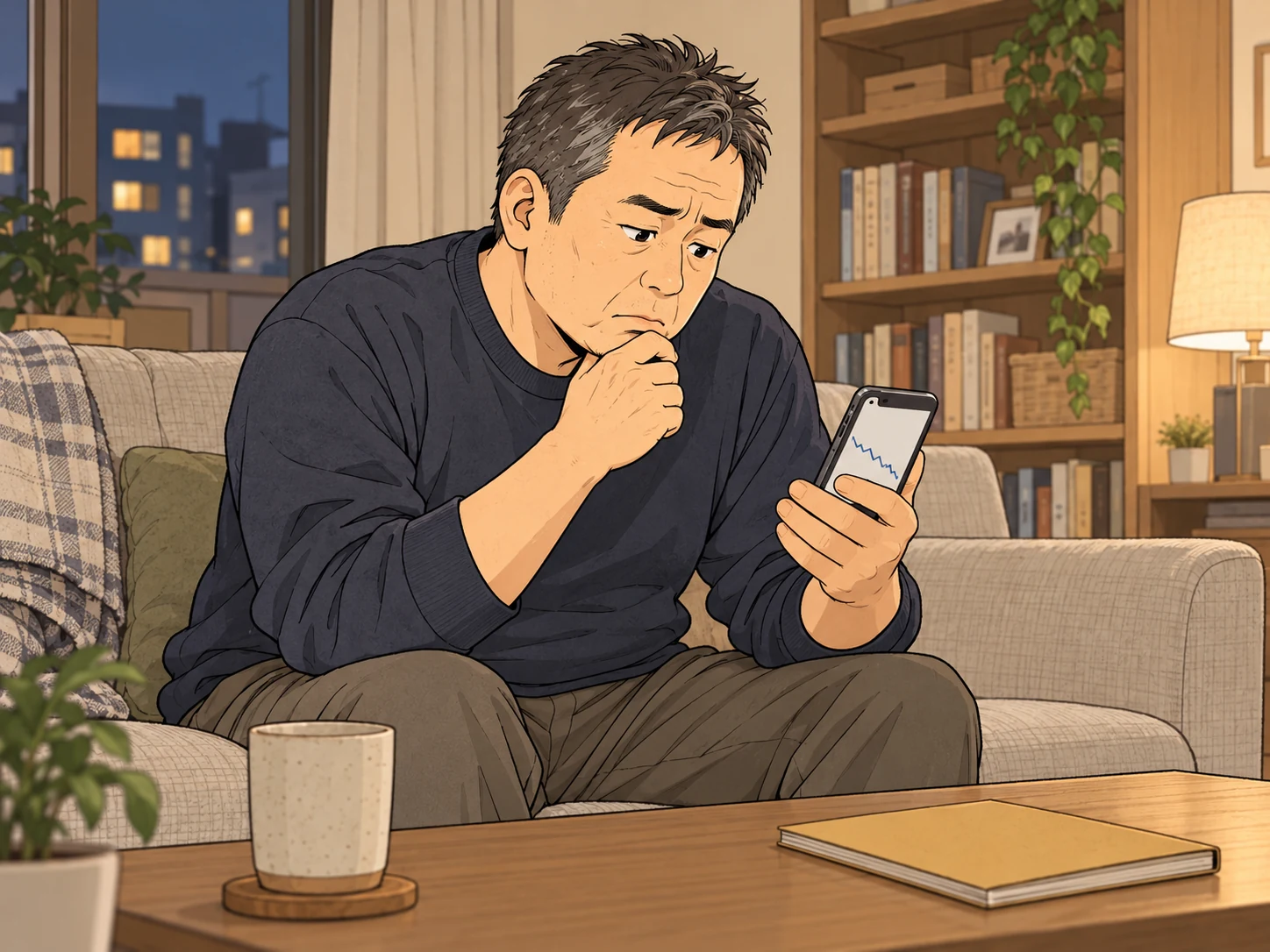 自宅のソファで資産の画面を見て戸惑い、金額の意味を考える人