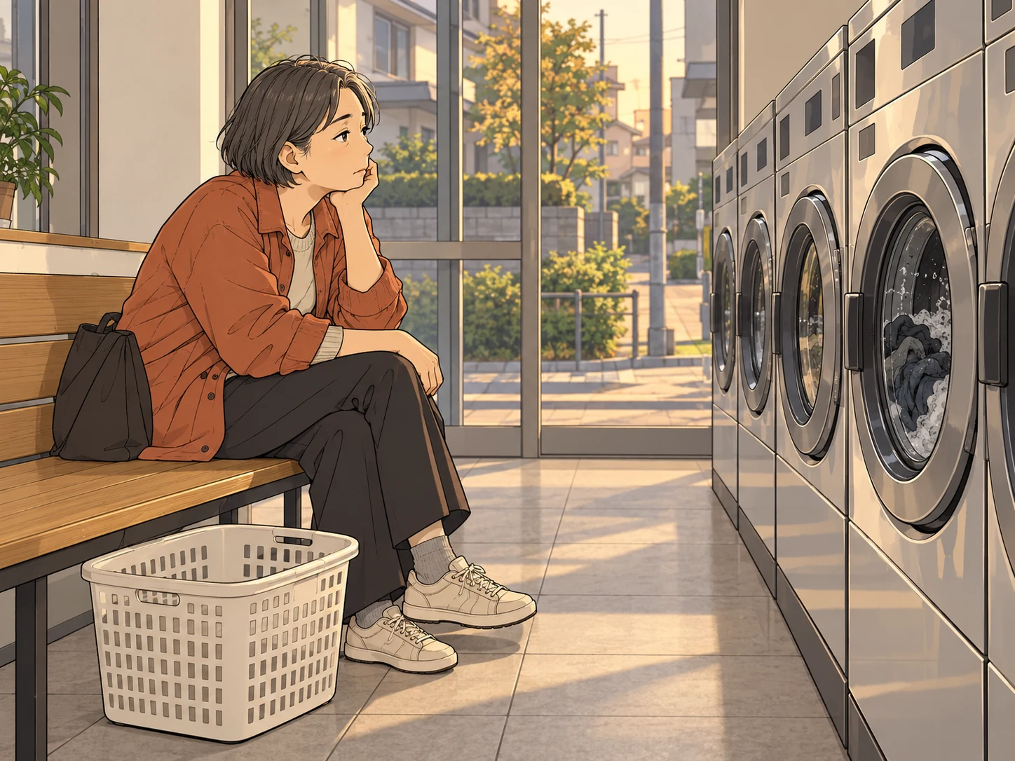 洗濯かごを持ってコインランドリーで洗濯の終了を待ち、窓の外の帰り道へ目を向ける人