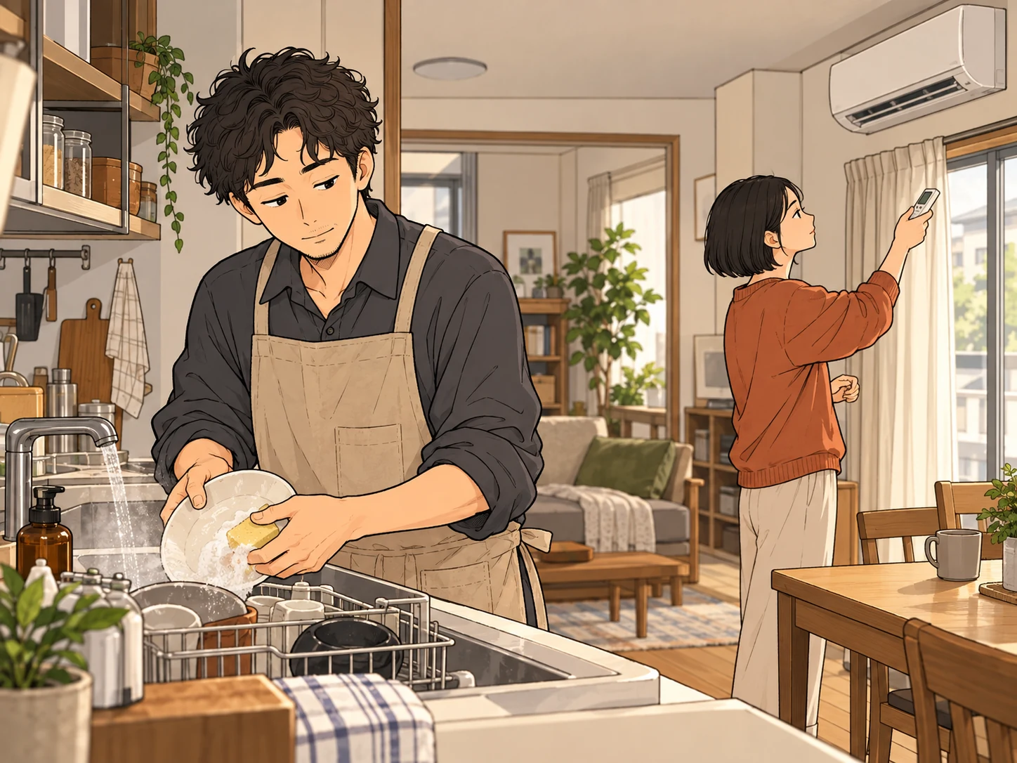 二人暮らしのキッチンで片づけをする人と、窓際で冷暖房を調整する人