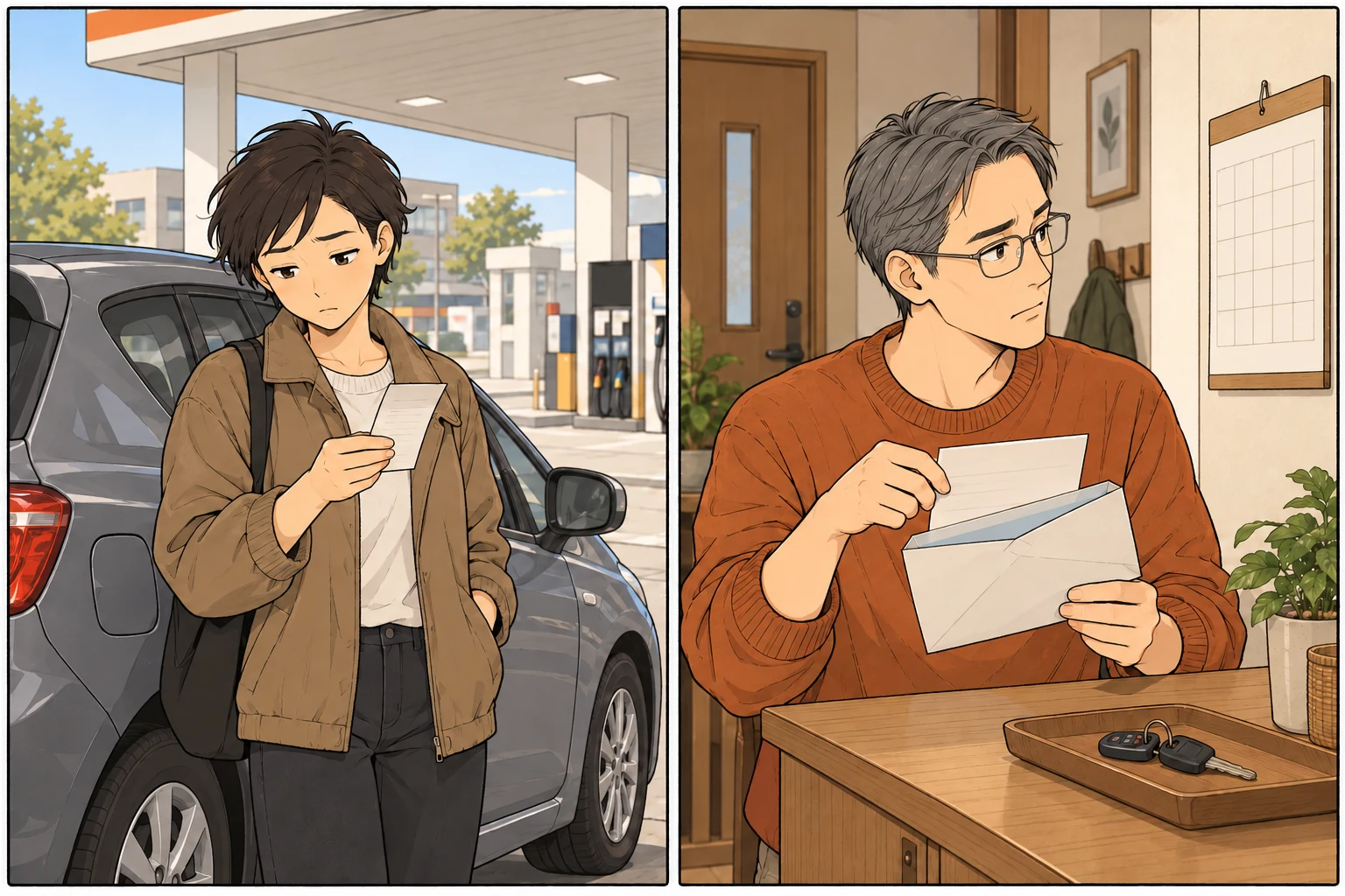 車の横で給油のレシートを持つ人と、自宅で車検の封筒とカレンダーを確認する人を対にした場面