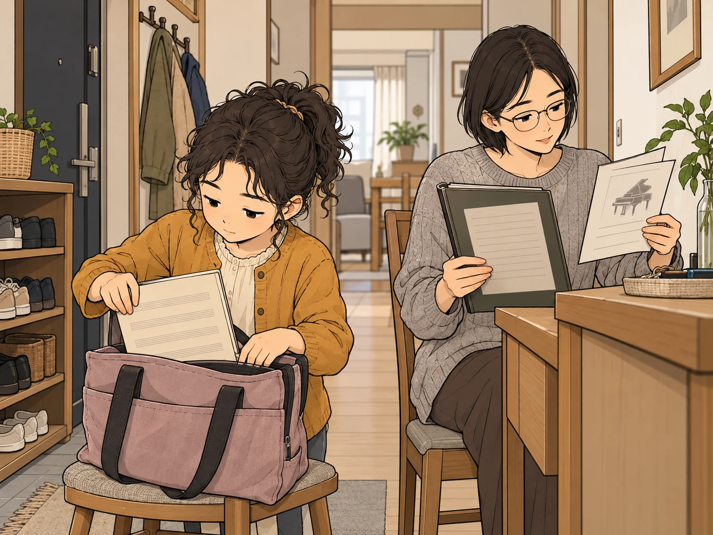 子どもがレッスン用の楽譜をかばんへ入れ、保護者が入会時の書類と発表会の案内を並べて見る場面