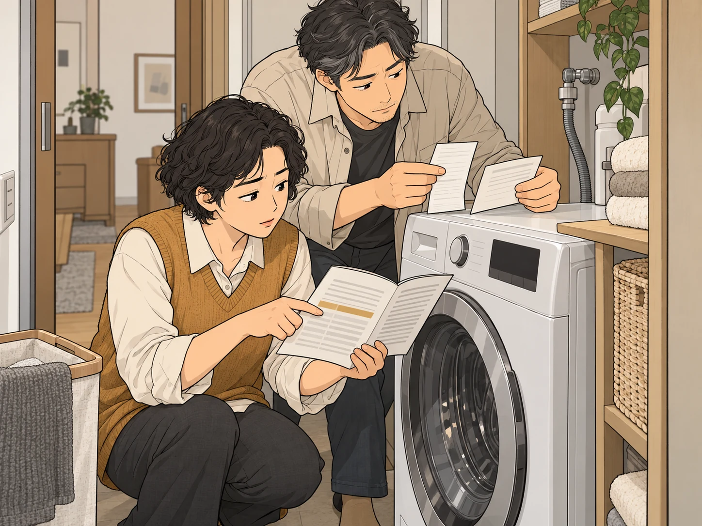洗濯機の前で保証書の期間欄を確かめる人と、横でレシートと修理案内をそろえる人