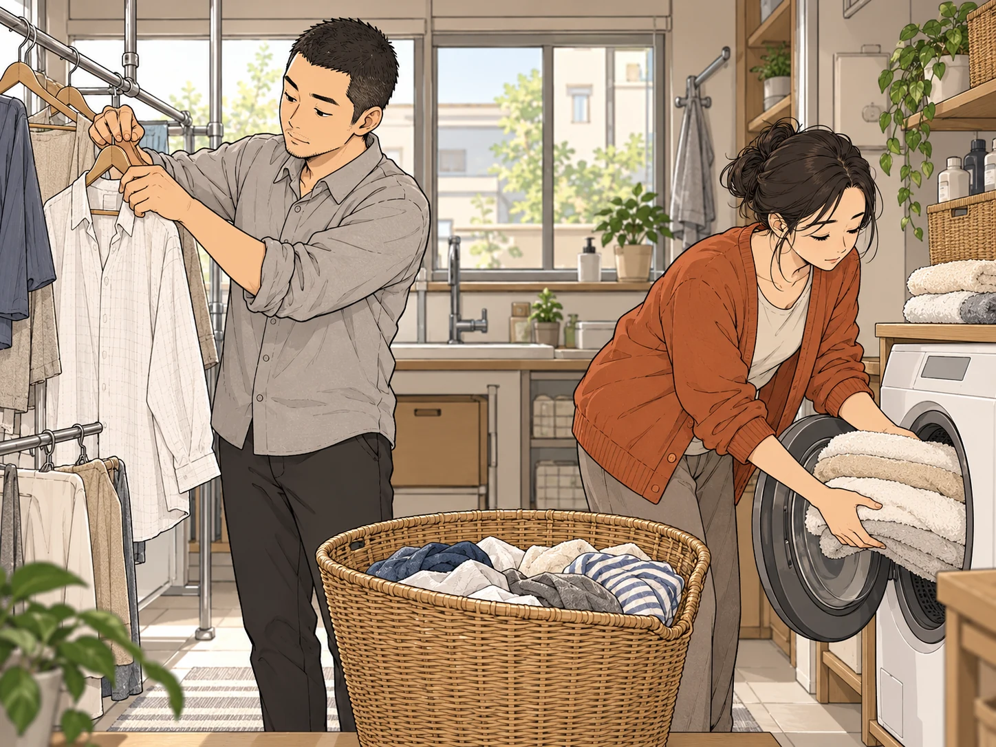 洗濯かごを前に、干す衣類を取り分ける人と、ドラム式の乾燥に入れる衣類を確認する人