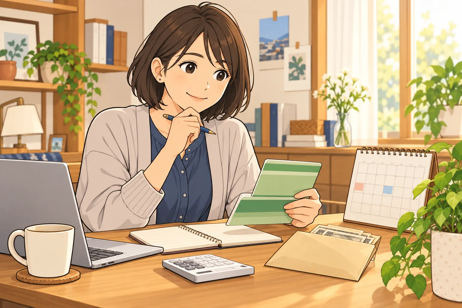 美緒が予定表と預金残高を見て、収入減に備える現金を考える
