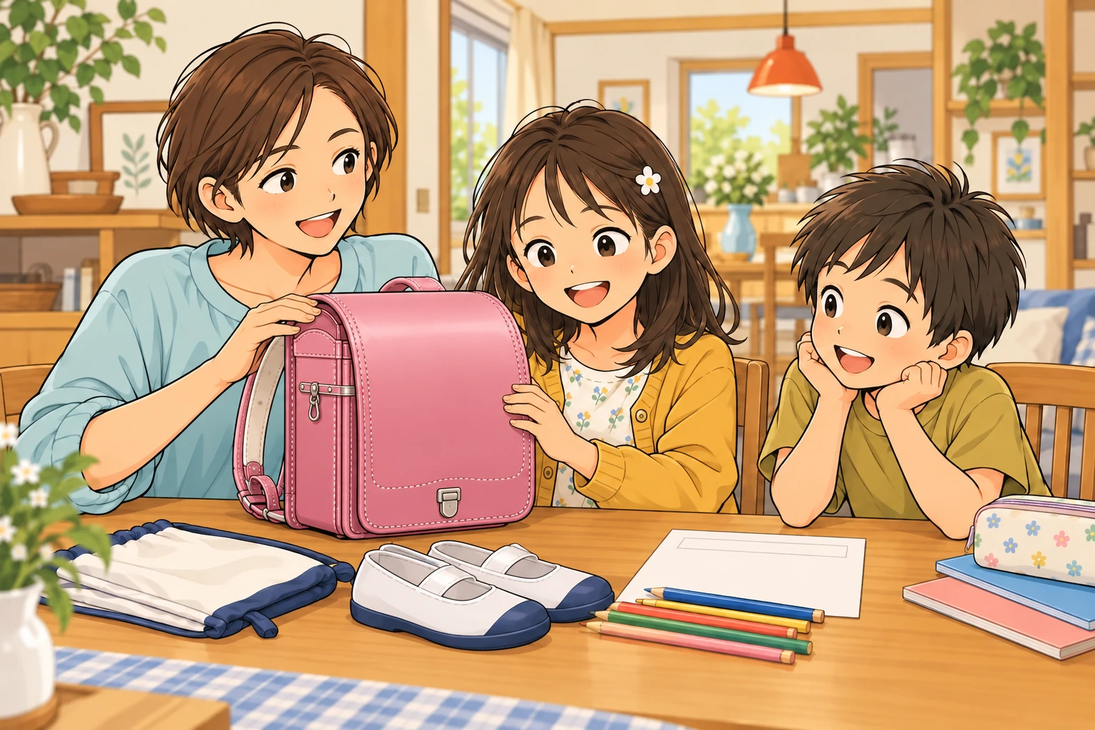 千尋と陽菜、律がランドセル、上履き、筆記具を並べて入学準備を確認する