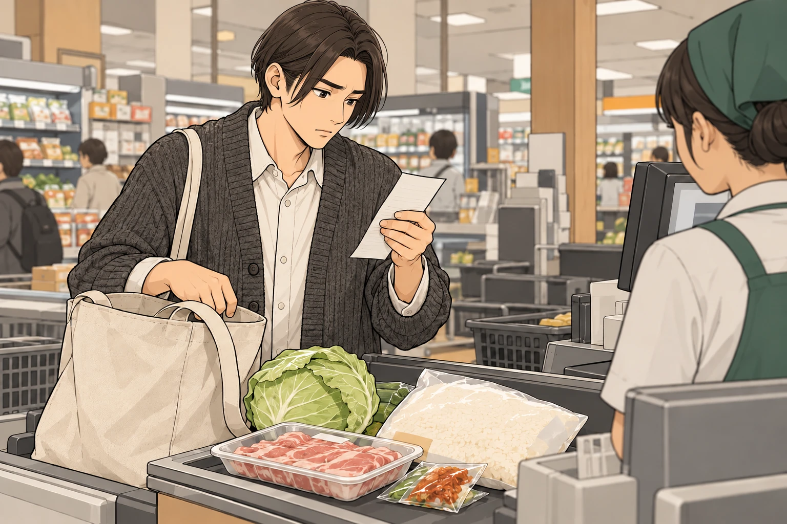 一人分を作ろうと食品を買い、レシートと買い物袋を見比べている男性。