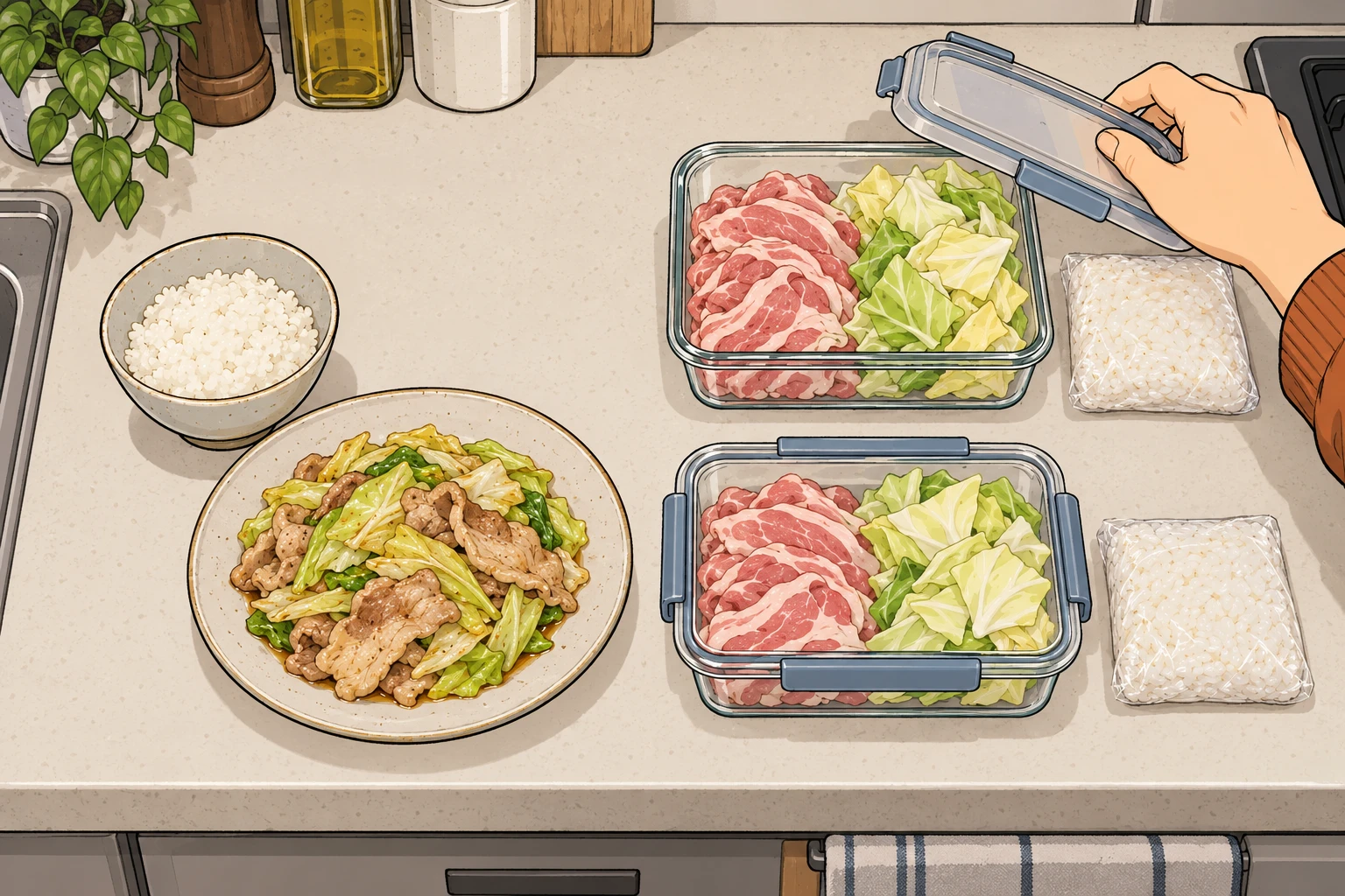 一食分の料理と、別の二食に使うために分けた材料を台所で並べた図。