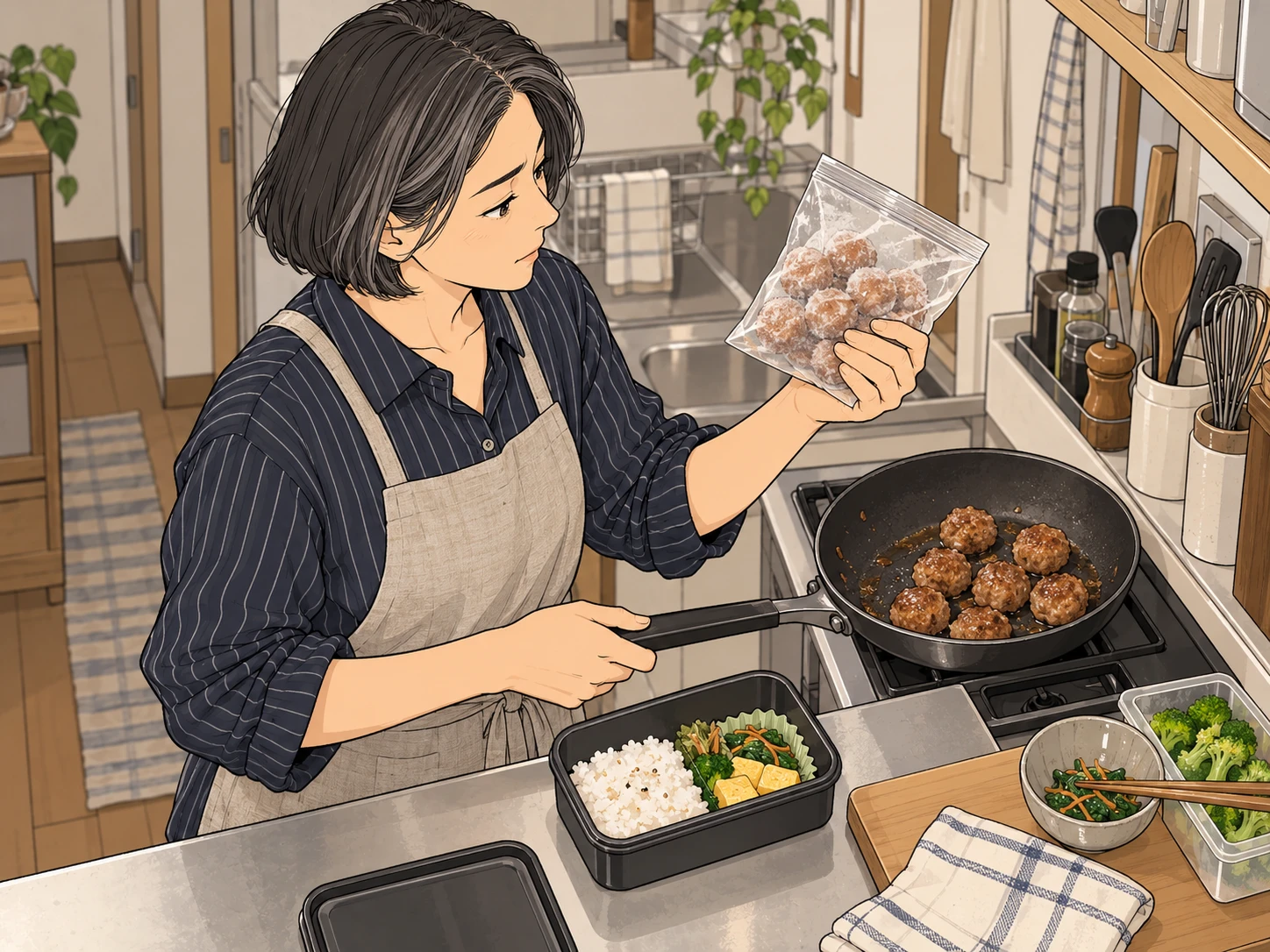 弁当箱を前に、手作りの肉団子が入ったフライパンと冷凍食品の袋を見比べる女性。