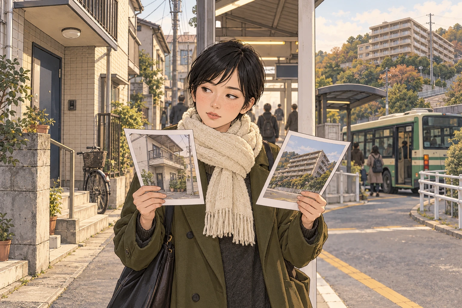 駅前で二つの物件資料を見比べる女性。近くのアパートと、バスで向かう遠くの建物が見える。