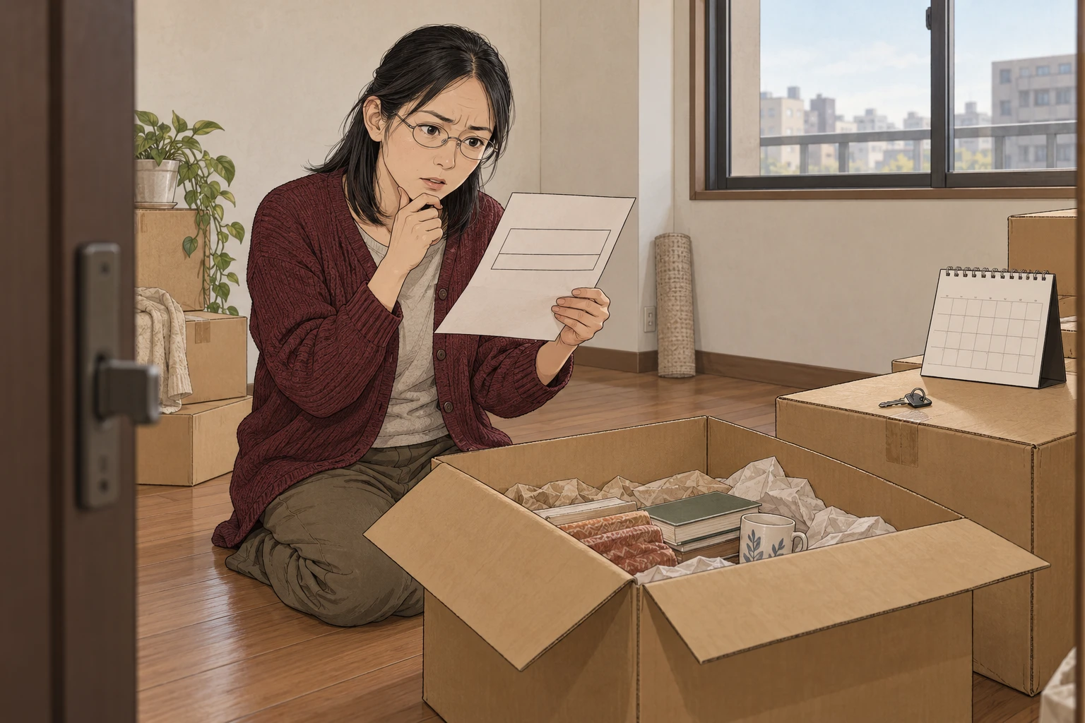 引っ越しの箱と鍵のそばで、見積書の二つの行を見て考える女性。
