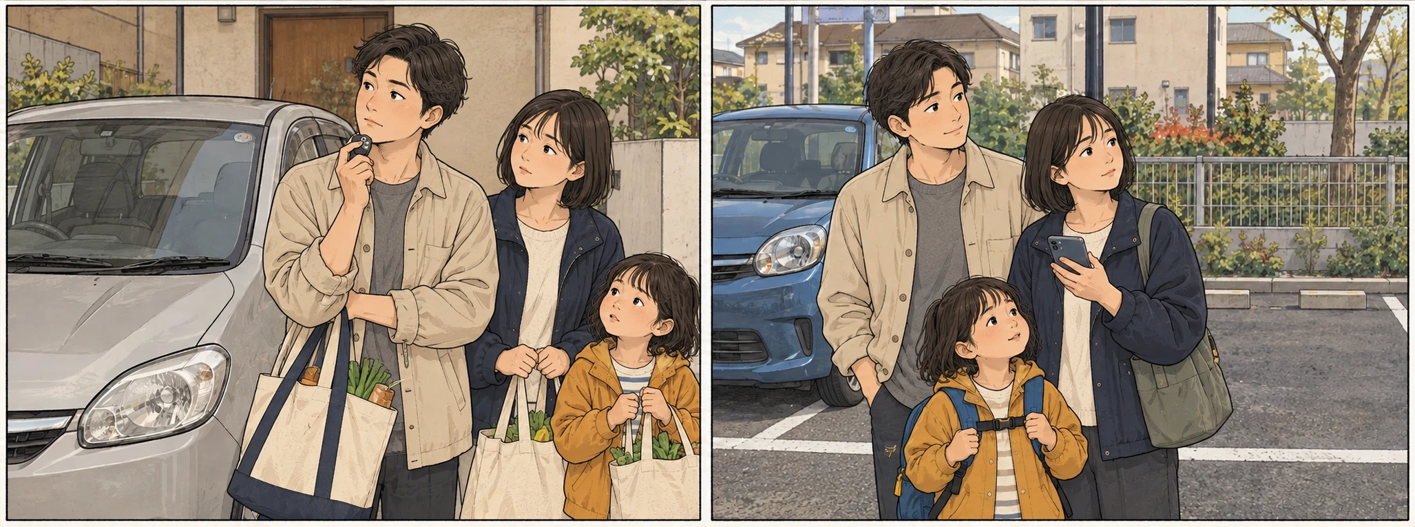自分の車のそばで、買い物袋と鍵を持って相談する若い夫婦と子ども。