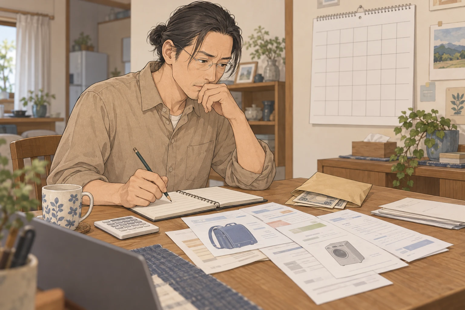 積立用の封筒と複数の予定支出の紙、カレンダーを前に考える男性。