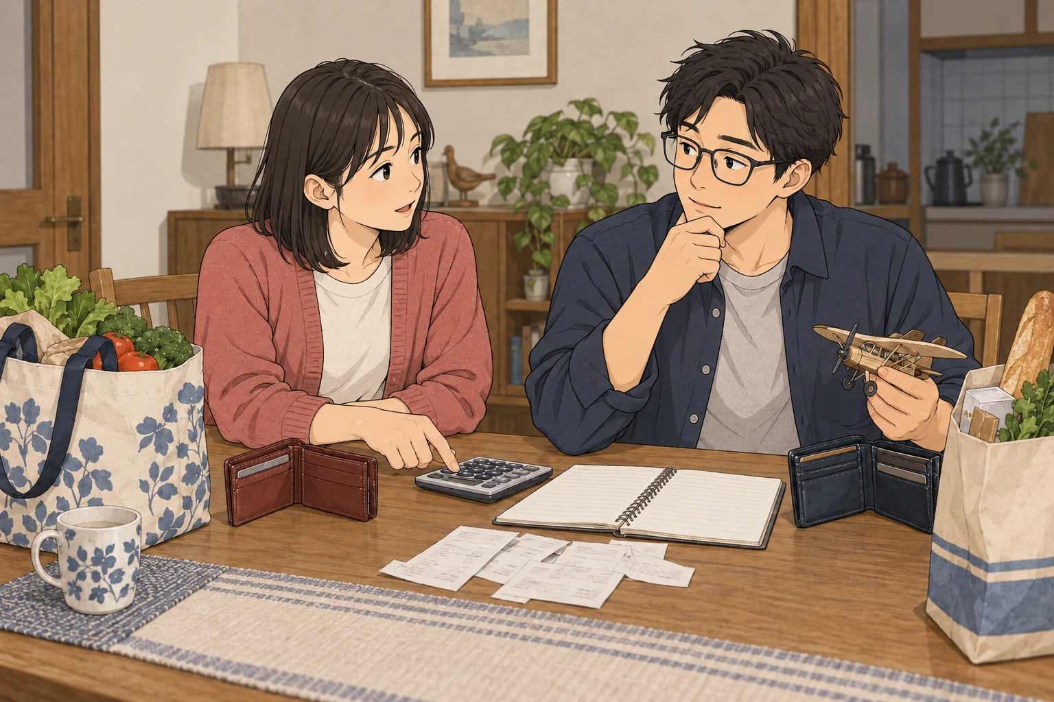 それぞれの買い物袋と財布を前に、共通の記録と計算機を二人で見合わせる夫婦。個人の趣味の品は分けてある。