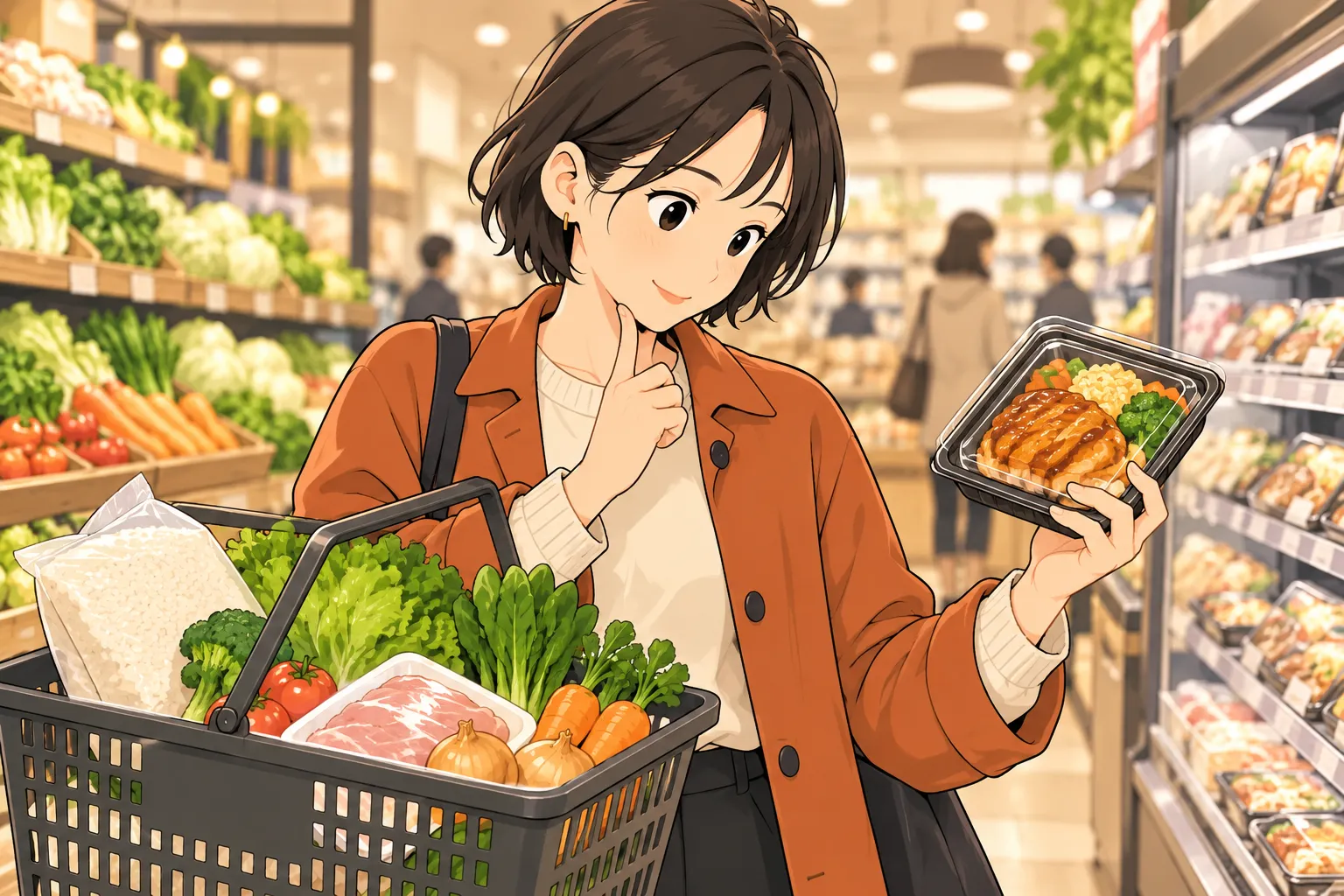 買い物かごを持ち、売場で弁当を手に取って考える紗良