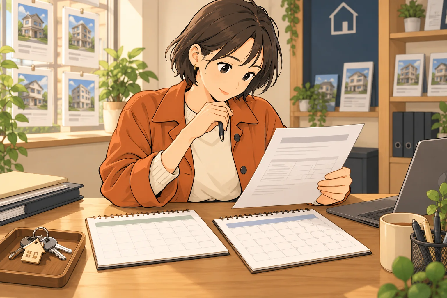 不動産の書類と二つのカレンダーを見比べる紗良