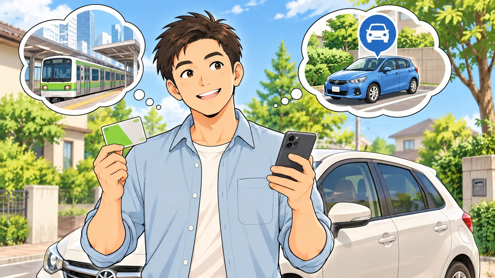 車のそばでスマートフォンとカードを手に、移動方法を考える亮太